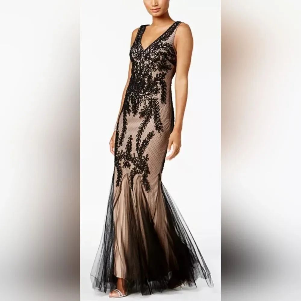 Betsy & Adam Soutache Mermaid Gown NWT Sz 14 Black And Nude